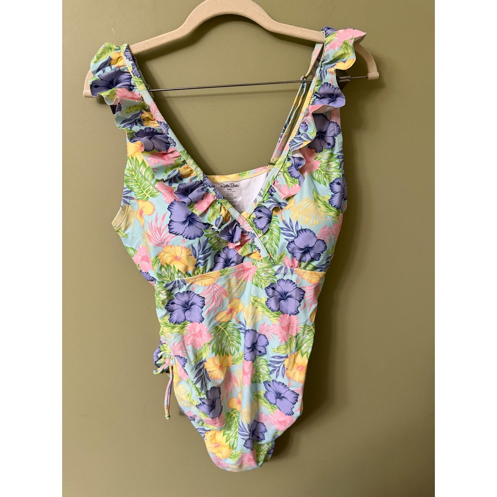 RuffleButts Tropical Floral Ruffle V-Neck One Piece Swimsuit Blue XXL Womens